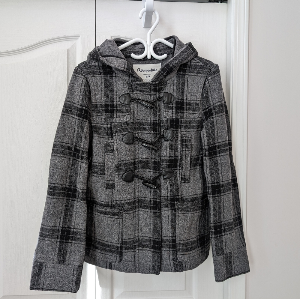 Aeropostale Gray Plaid Hooded Peacot